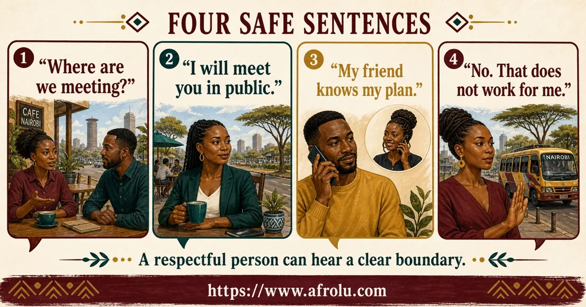 Four large script cards help an adult ask the plan, meet publicly, inform a friend and refuse pressure.