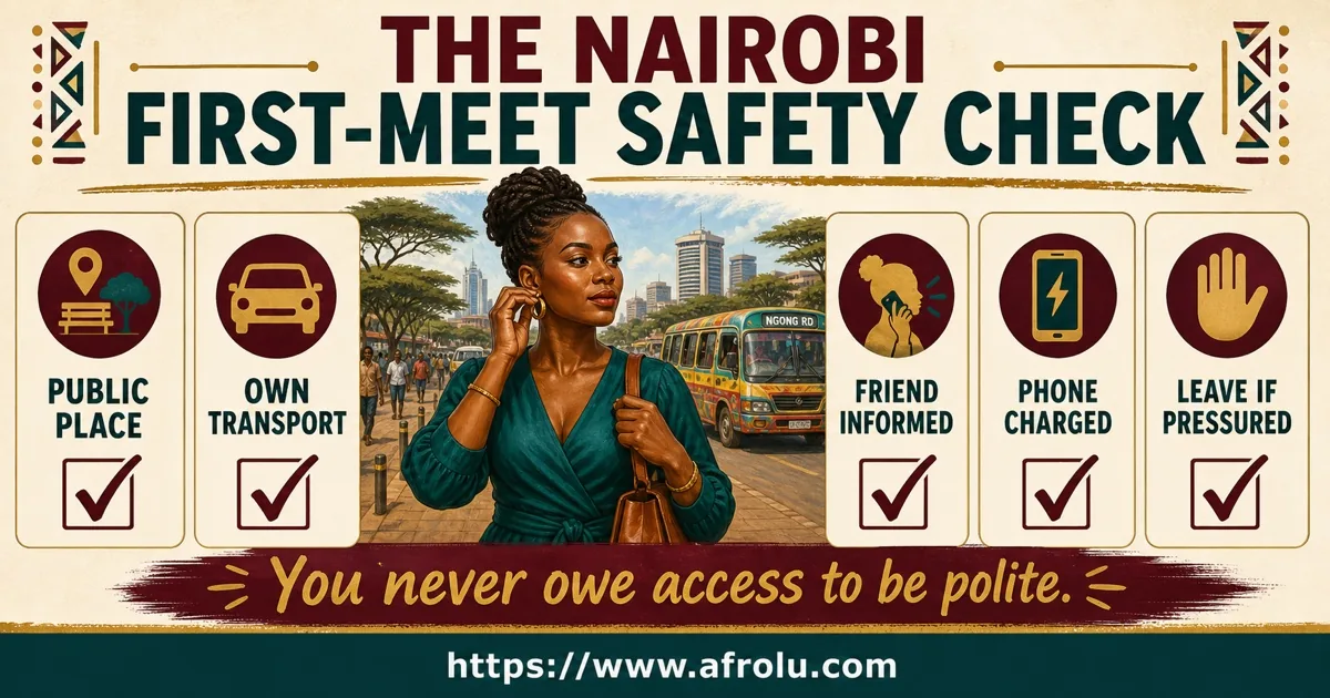 Five checklist cards cover a public place, own transport, friend check-in, charged phone and leaving pressure.