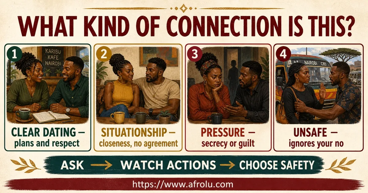 Four cards compare clear dating, a situationship, pressure and unsafe conduct.