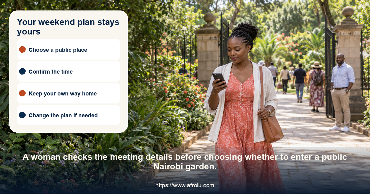 Adult woman checks her phone while walking toward a public garden meeting point in Nairobi.