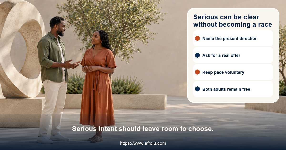 Two clearly adult Black people in a calm neutral outdoor courtyard beside a balanced open sculpture, discussing a small shared plan with no travel, workplace, age, or status cues.