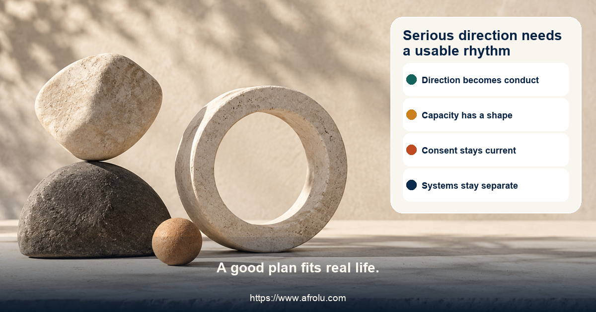 Editorial still life of two balanced separate stone forms, a blank open circle, and a small unmarked time token on a sunlit neutral surface.
