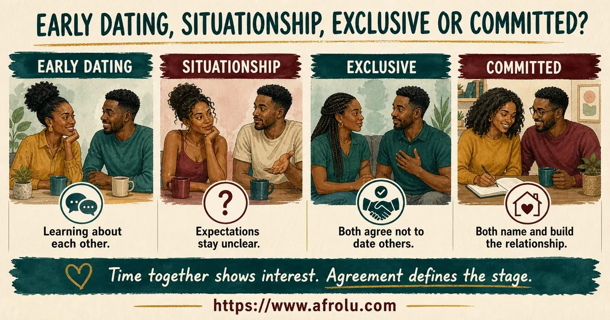 Four columns distinguish early dating, unclear situationship expectations, agreed exclusivity, and a mutually named committed relationship.