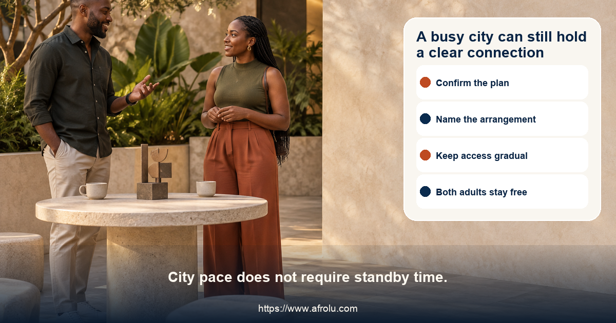 Adult city-context dating visual shows two independent parents returning to dating choosing clear plans, gradual privacy, consent, and a free exit