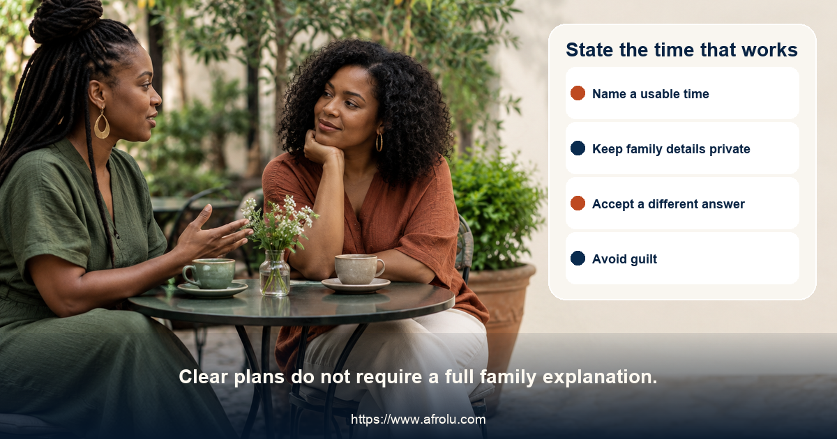 Two clearly adult Black women talk calmly at an outdoor public café table, sharing a clear plan without family or child details in view.