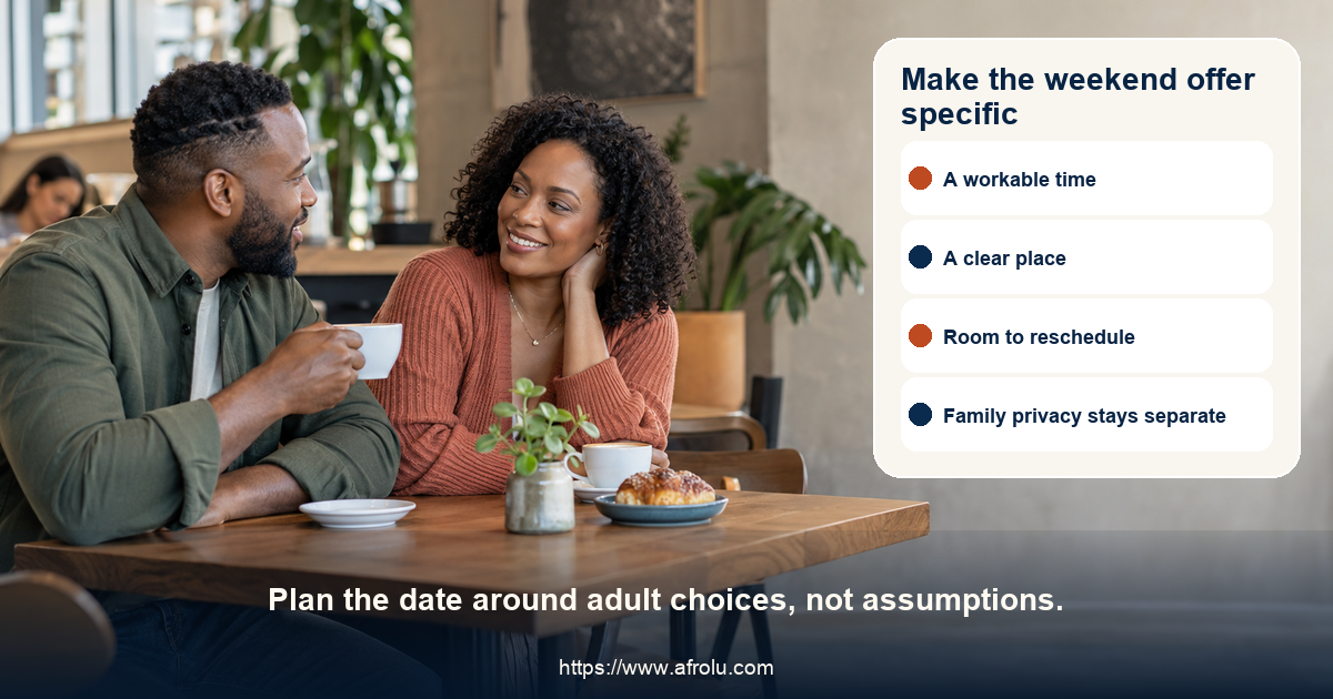 Two clearly adult people talk across a small neutral public table with equal space and no family props, representing a clear weekend dating plan.