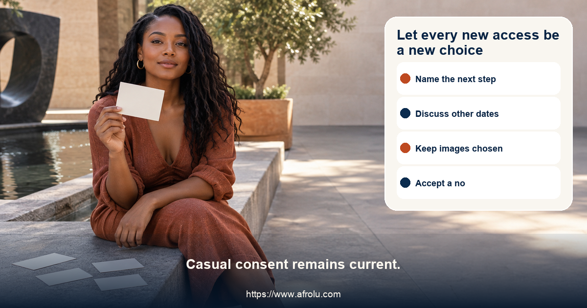 Clearly adult woman in an adult-only public courtyard holding a blank discussion card beside four small blank cards for a casual consent and privacy discussion.