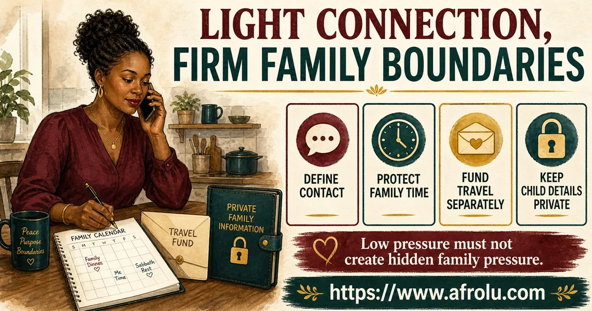 An adult parent separates a dating call from family time, travel money, and private household information using four clear boundary cards.