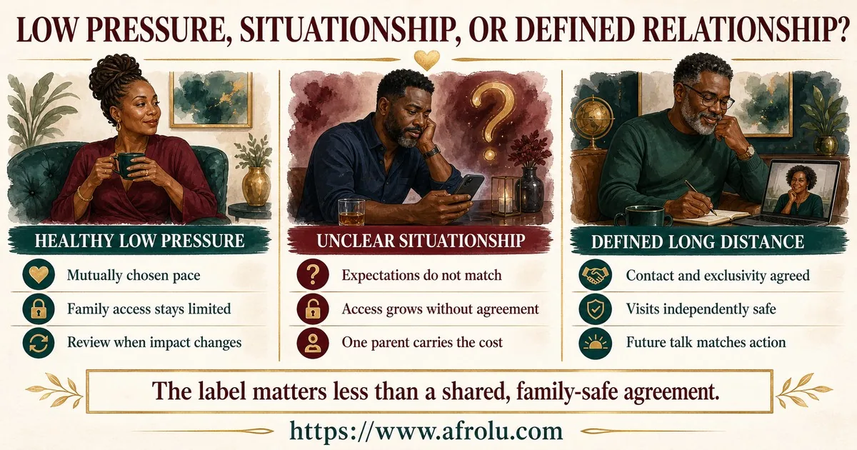 Three adult-only columns compare a mutually chosen light pace, expectations and access without agreement, and a defined relationship with safe visits and action-backed plans.