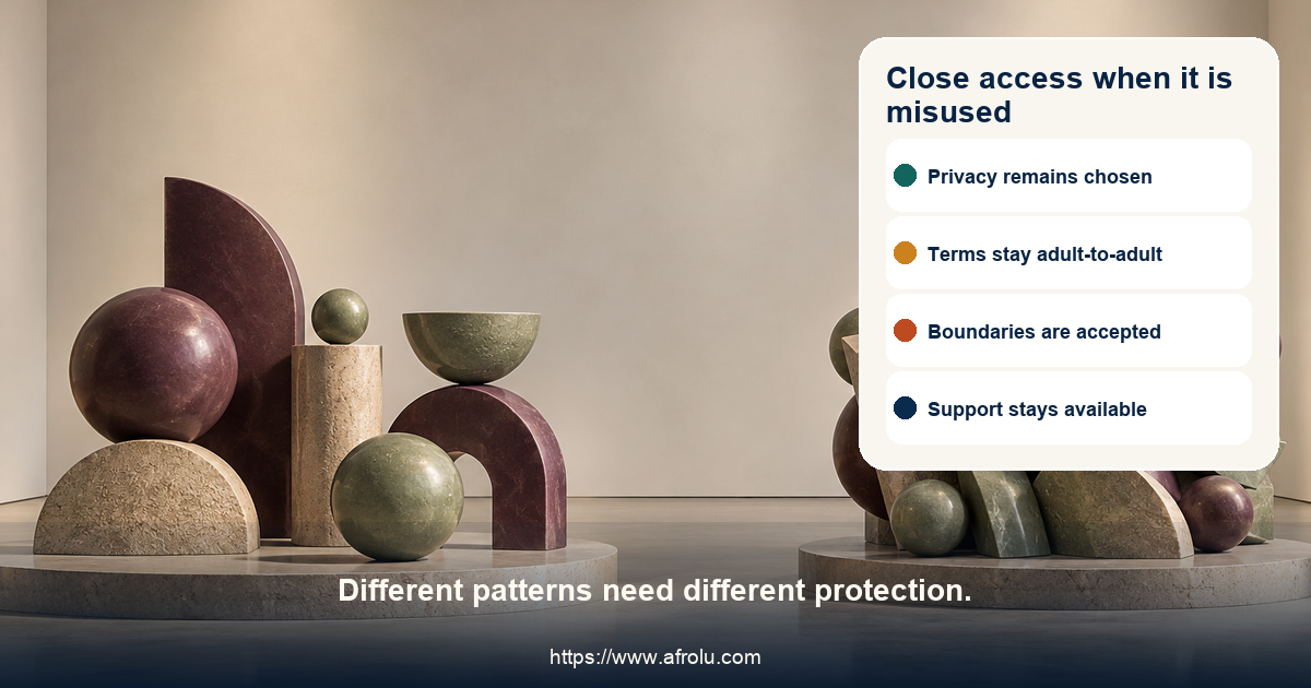 Two abstract formations contrast an open orderly plum-and-sage arrangement with an unstable tightly crowded cluster in a neutral gallery, with no child, family, home, career, or status cue.