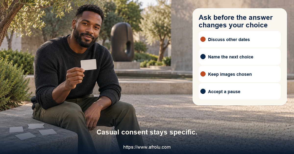 Clearly adult man in a neutral public courtyard holding a blank discussion card beside four small blank cards for a direct casual-terms conversation without workplace cues.