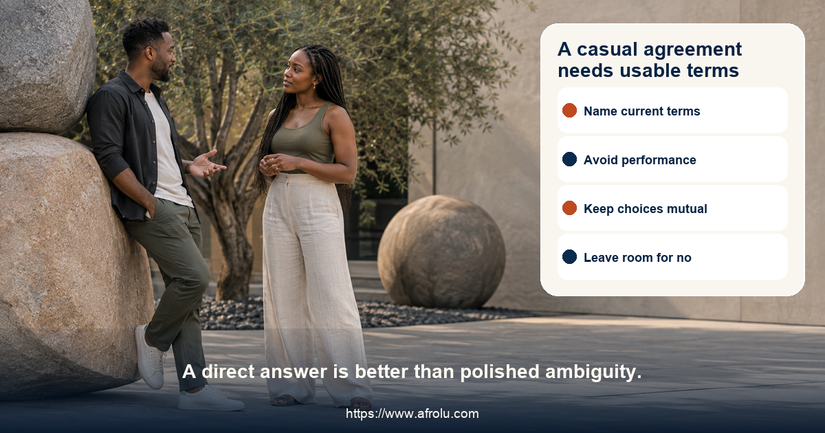 Two clearly adult people in a neutral contemporary public courtyard having a calm conversation beside abstract balanced stone forms, with no office or status cues.