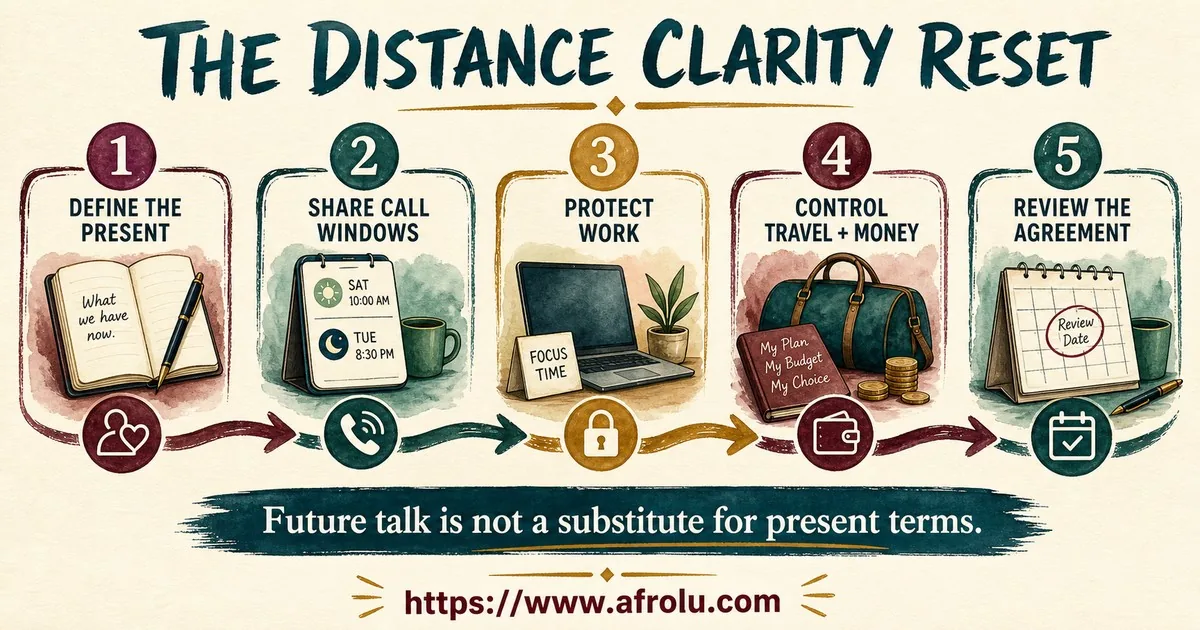 Five steps define the present, share call windows, protect work, control travel and money, and review the agreement.