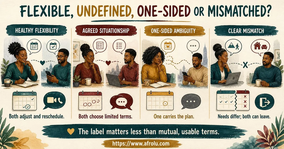 Four columns compare healthy flexibility, an agreed situationship, one-sided ambiguity, and a clear mismatch.