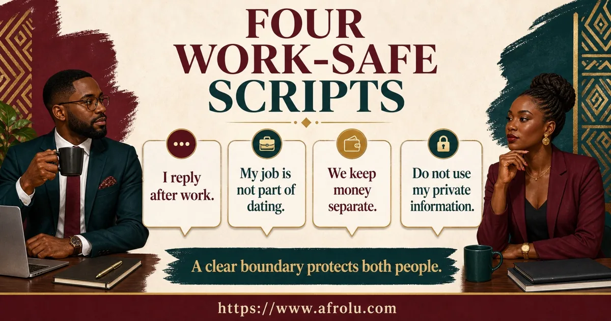 Four script cards protect work hours, job boundaries, money and private information.
