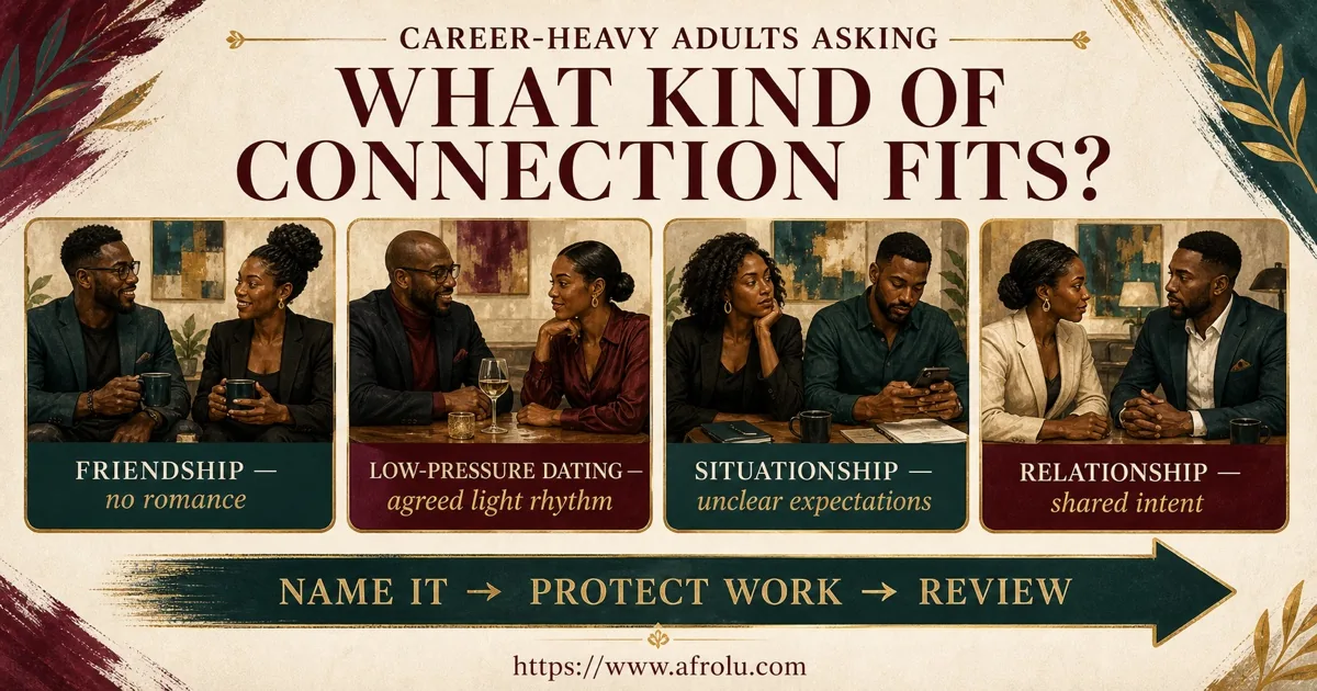 Four cards compare friendship, low-pressure dating, a situationship and a relationship.