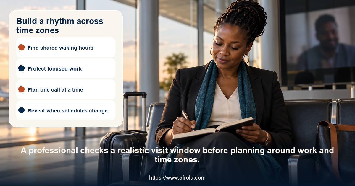 Adult professional reviews a blank notebook in a bright transport lounge with a call partner in the background.