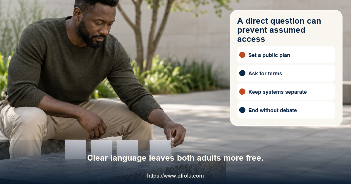 Clearly adult Black man in a neutral public courtyard placing a blank discussion card beside three blank boundary cards arranged with generous space.