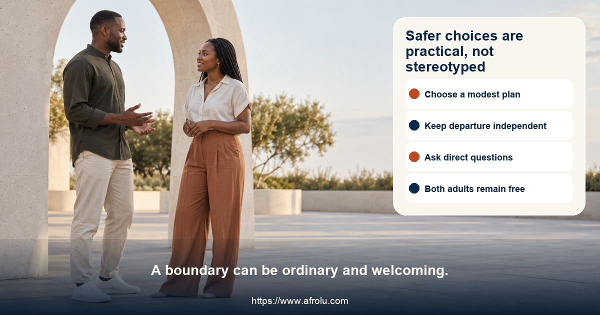 Two clearly adult Black people in a neutral public courtyard discussing a small plan beside a simple open arch, with no city, workplace, or safety-drama cue.