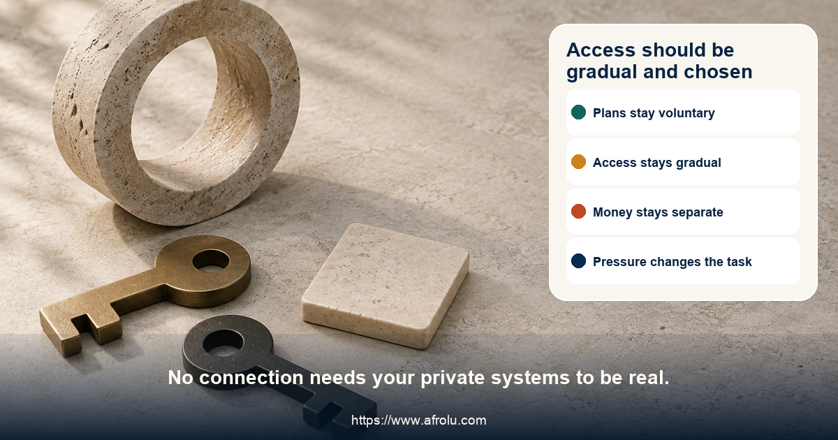 Editorial still life of an open circular stone form, two separate keys without labels, and a blank square token on a calm neutral surface.