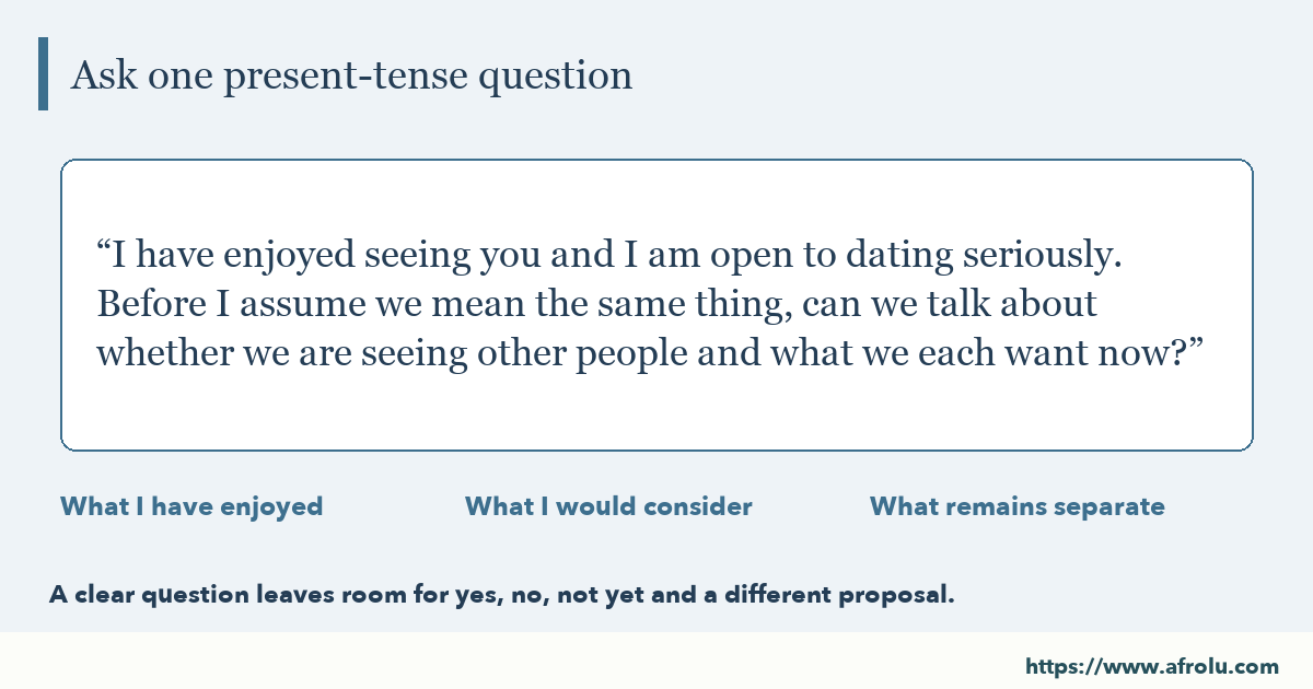 Large-type optional conversation example: I have enjoyed seeing you and I am open to dating seriously. Before I assume we mean the same thing, can we talk about whether we are seeing other people and what we each want now?