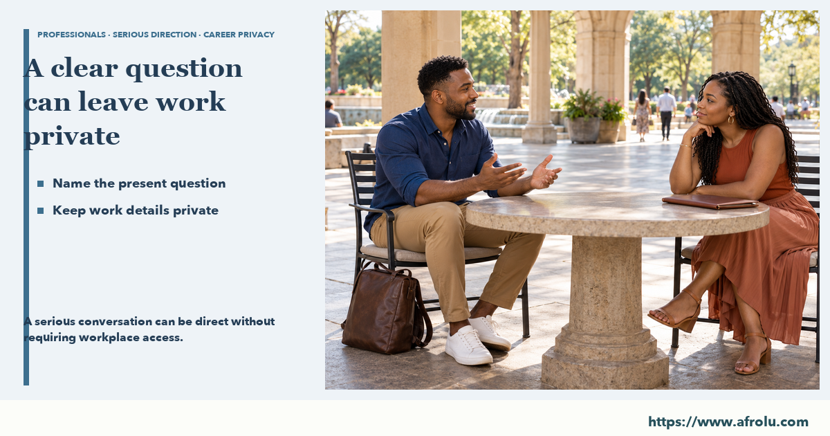 Two adults with separate closed work bags talk in an open daylight city-park pavilion.