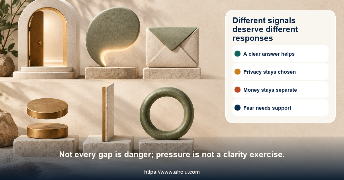 Adult situationship signal grid contrasts a clear answer, a non-answer, gradual privacy, money pressure, current consent, and unwanted pursuit