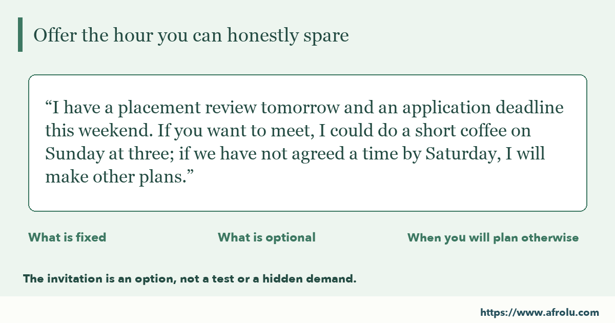 Large-type optional conversation example: I have a placement review tomorrow and an application deadline this weekend. If you want to meet, I could do a short coffee on Sunday at three; if we have not agreed a time by Saturday, I will make other plans.