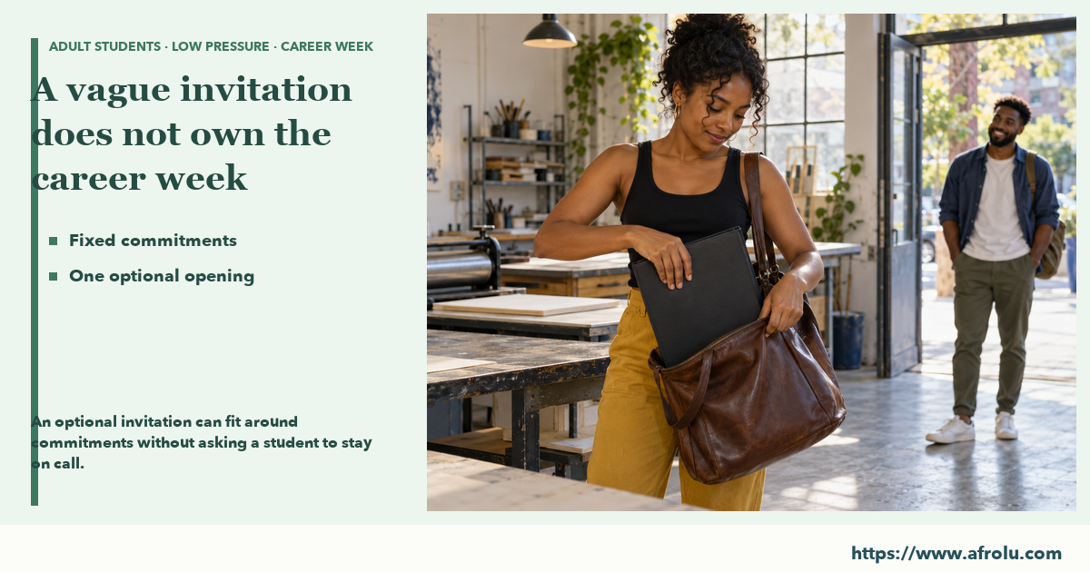 An adult student places a closed portfolio in a shoulder bag at an adult print workshop while an adult acquaintance waits at a respectful distance.