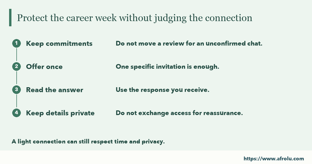 Protect the career week without judging the connection: Keep commitments; Offer once; Read the answer; Keep details private.