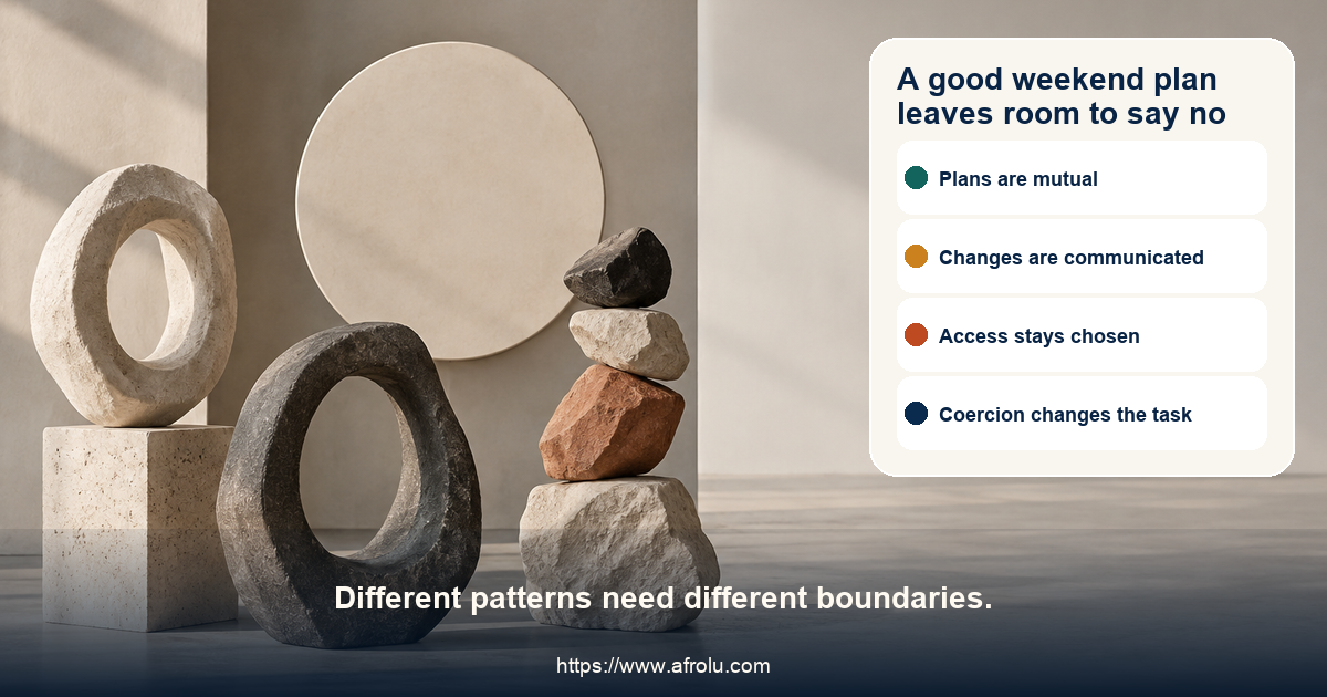 Two contrasting abstract arrangements: a balanced pair of separate open forms beside an uneven stack waiting against a blank clock disc, in a neutral gallery setting.
