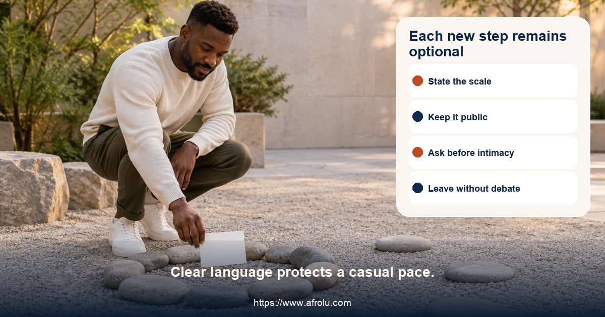 Clearly adult Black man in a neutral outdoor public setting placing a blank card beside a small open circle and separate route-free stepping stones.