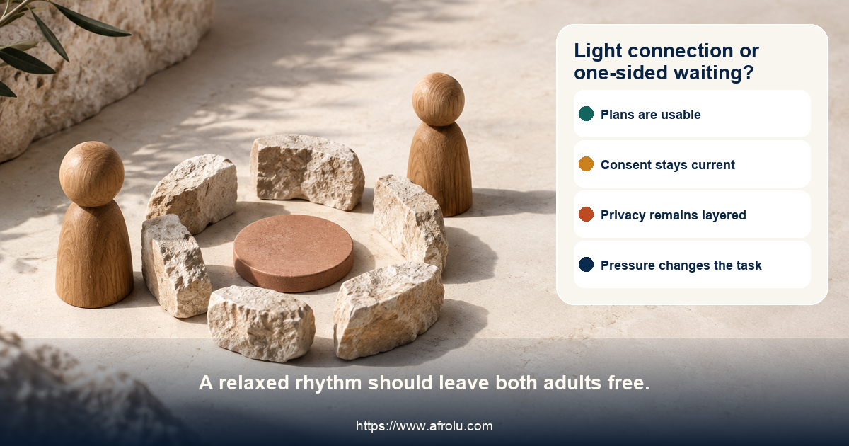 Editorial still life of a small open stone circle, a blank time token, and two separate wooden pieces on a sunlit neutral surface.