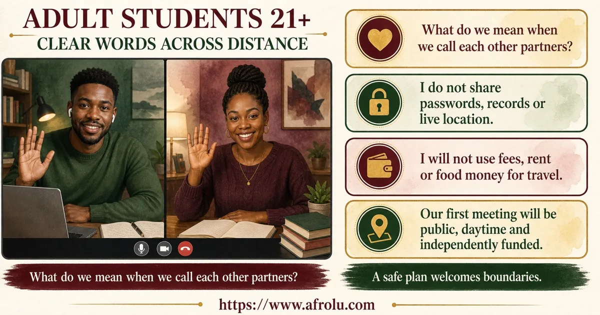 Two adult students aged 21+ define partner language, protect accounts and essentials, and plan a public independently funded meeting.