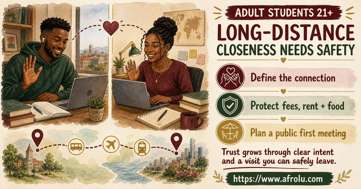 Two adult students aged 21+ define their connection, protect essentials, and plan a public first meeting.
