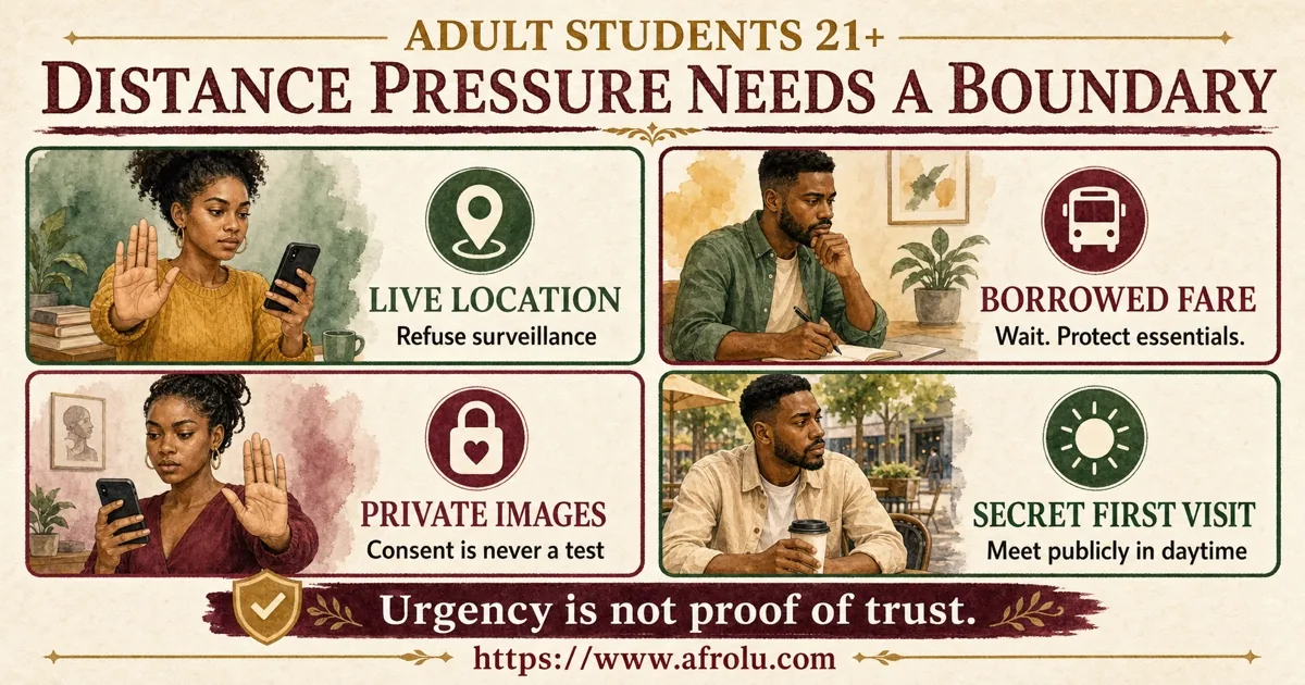 Adult students aged 21+ refuse surveillance, borrowed-fare pressure, private-image tests, and secret first visits.