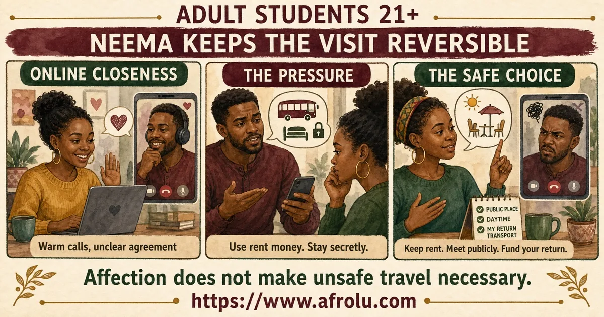 An adult student aged 21+ rejects pressure to spend rent and stay secretly, choosing a public meeting and independently funded return.