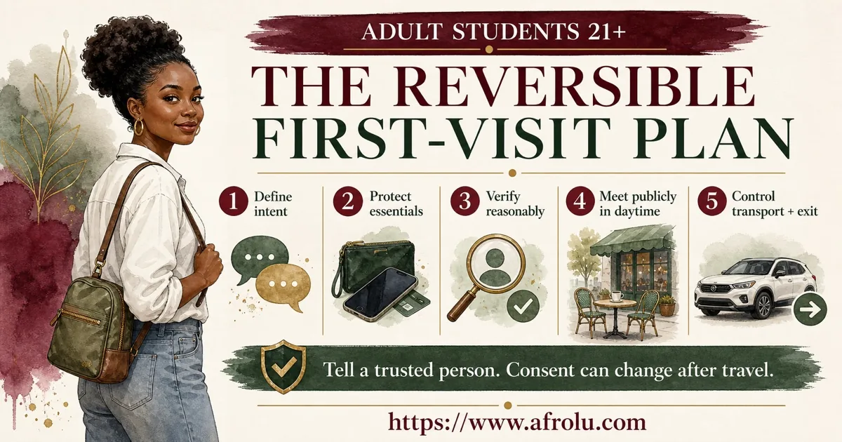 An adult student aged 21+ defines intent, protects essentials, verifies reasonably, meets publicly in daytime, and controls transport and exit.