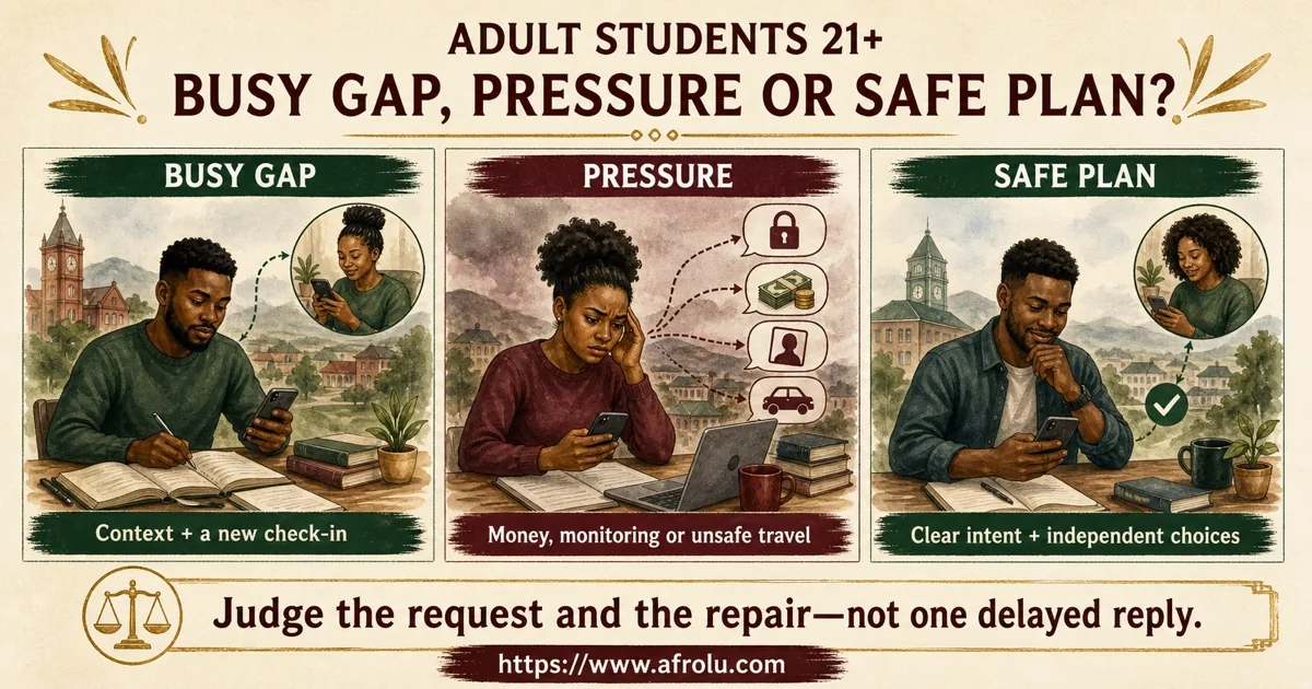 Adult students aged 21+ distinguish an explained study gap from pressure for money or access and from clear independent choices.