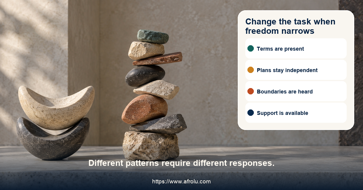 Two neutral stone compositions contrast a stable open arrangement with a crowded stack, without campus, city, or youth shorthand.