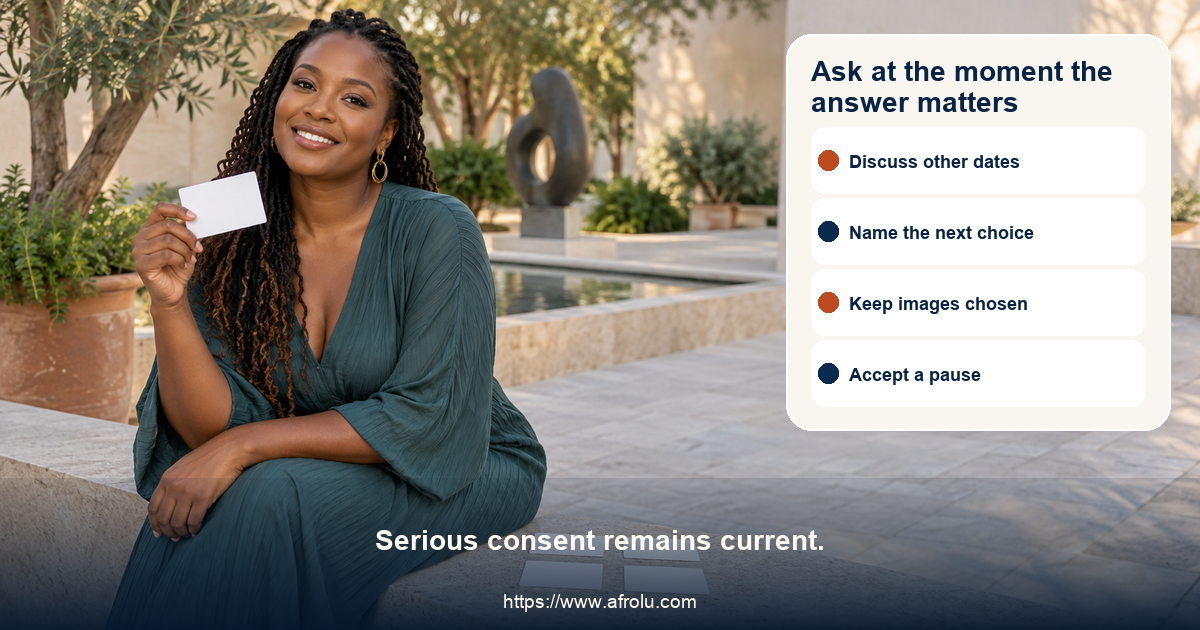 Clearly adult woman in a neutral public courtyard holding a blank discussion card beside four small blank cards for an adult serious-dating question without campus cues.