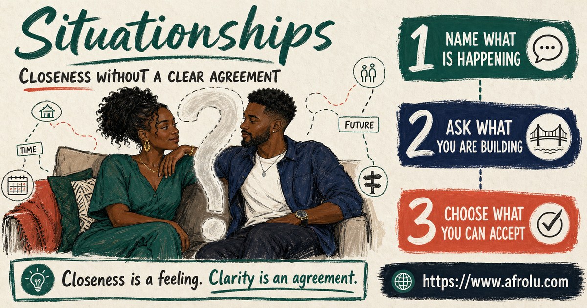 Illustrated situationship guide showing closeness without agreement and three steps for choosing clarity