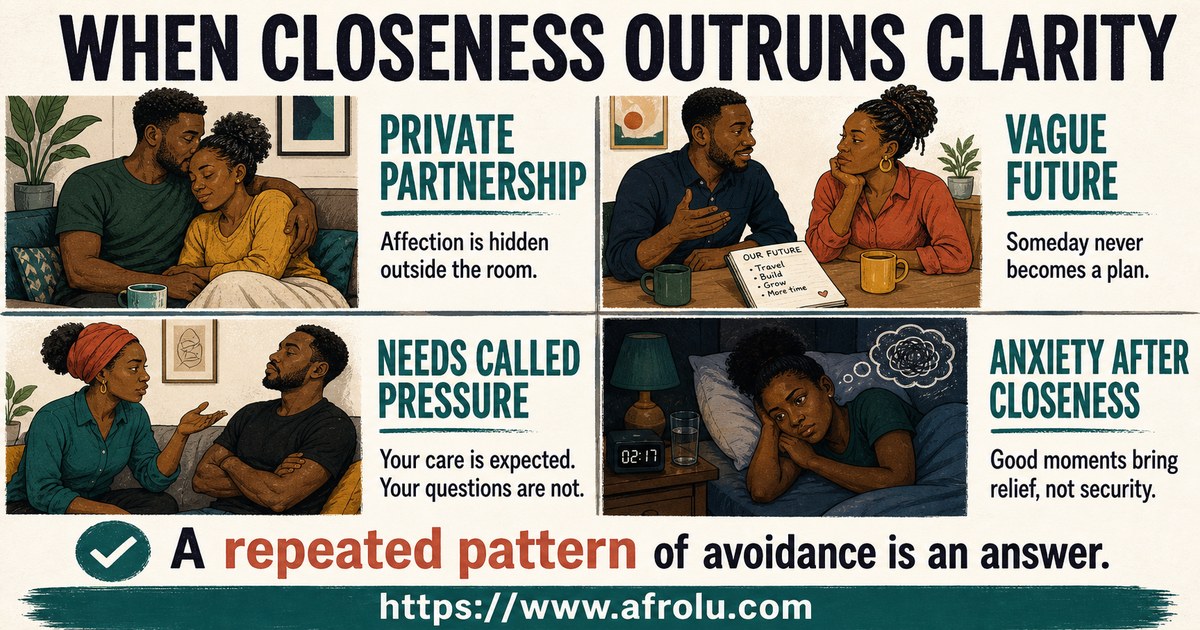 Four-panel situationship pattern map showing private partnership, vague plans, dismissed needs, and anxiety after closeness
