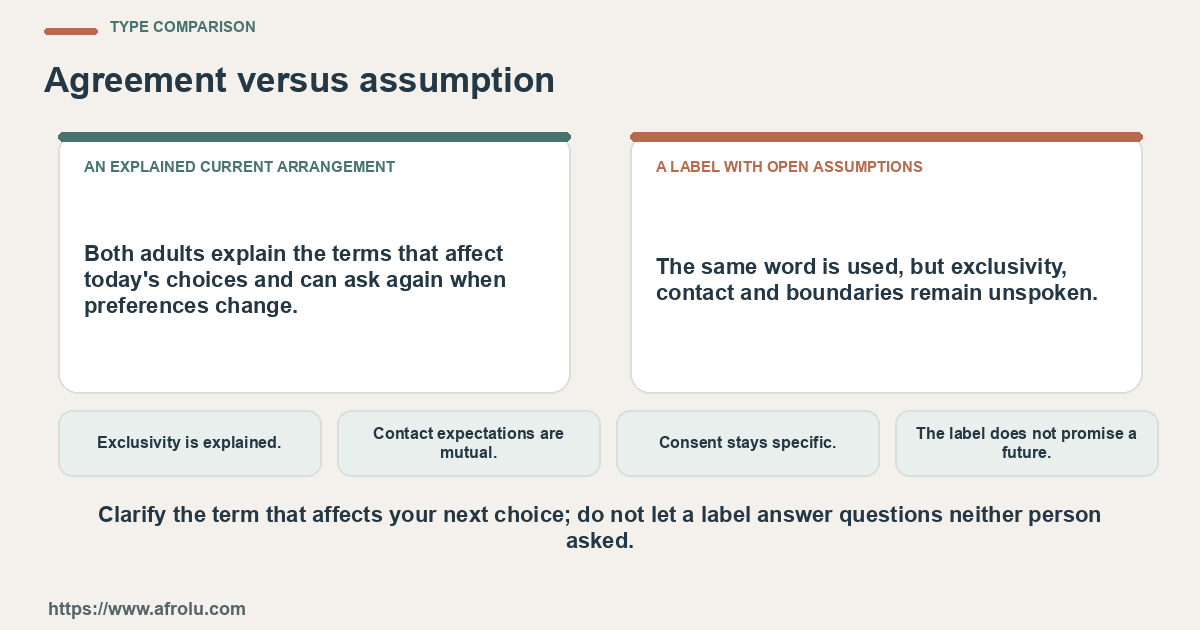 Comparison between an explained current arrangement and a label with open assumptions using four practical checks.