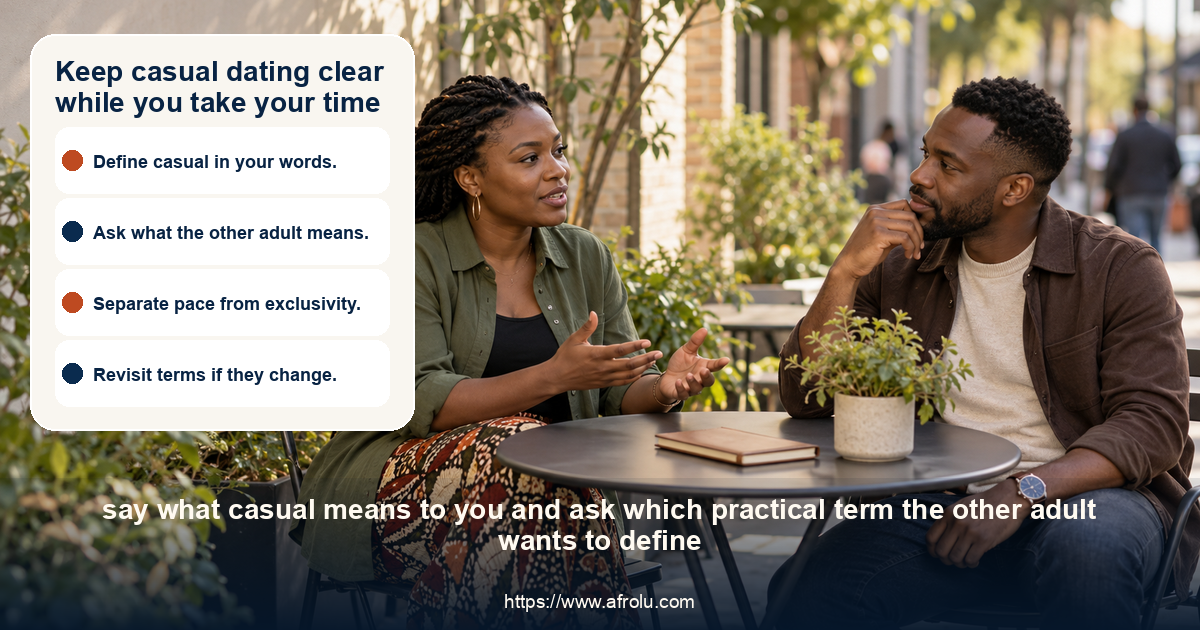 Two adult Kenyan diaspora daters talk calmly across a small outdoor café table, discussing their expectations while keeping comfortable personal space.