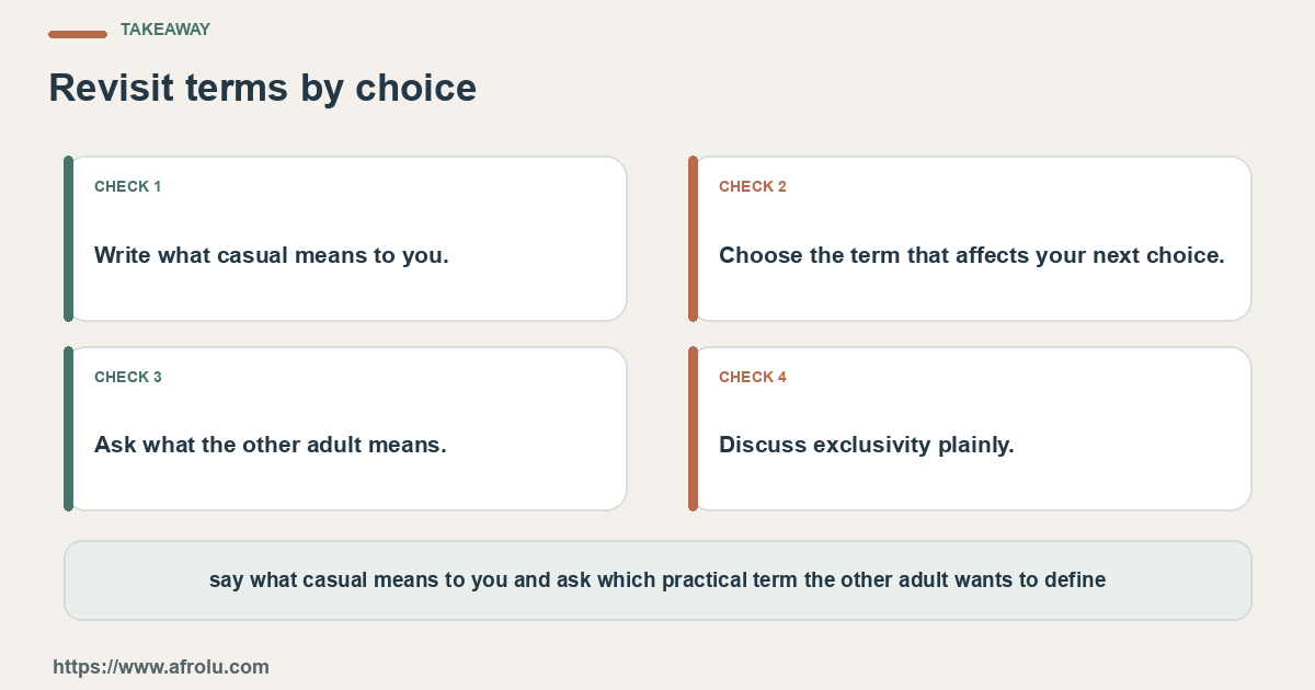 Four practical choices for a Kenyan diaspora adult who wants casual dating with clearly discussed terms: name the question, set a limit, notice the answer and choose again.