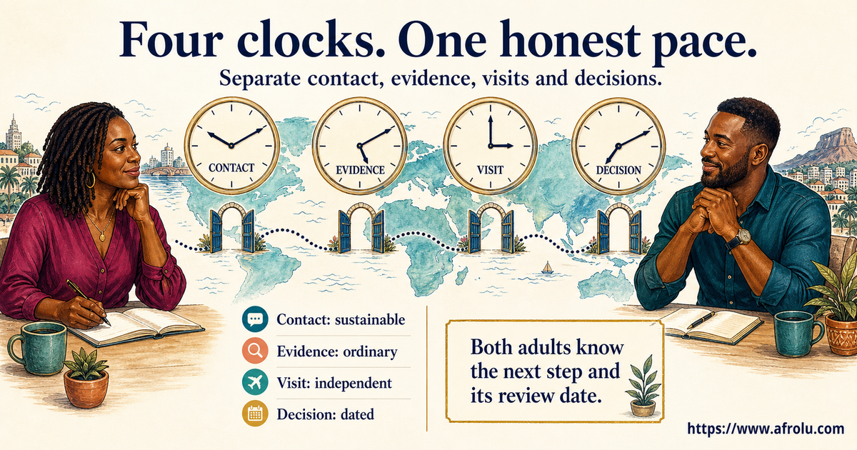 Fictional diaspora adults Amara age 36 and Kojo age 39 reviewing four clocks for contact evidence visits and a relationship decision