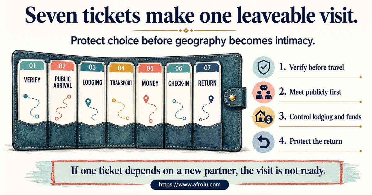 Seven-ticket first-visit plan covering identity public arrival lodging transport money check-in and return for long-distance adults