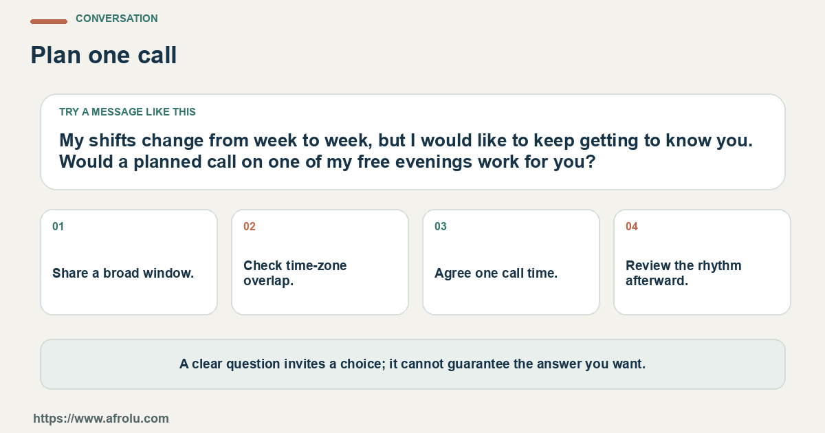 A sample message and four practical conversation prompts for a Kenyan diaspora adult dating across a work schedule and time-zone gap.