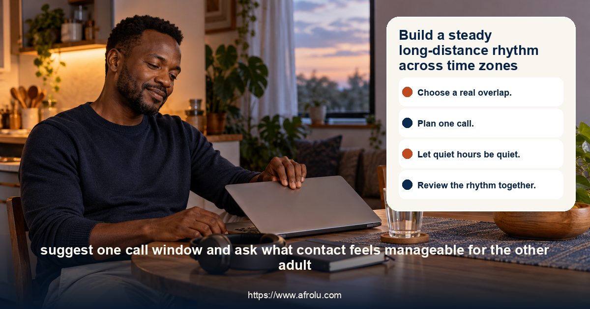 An adult Kenyan man closes a laptop after a calm planned video call, then returns to his evening without waiting by a screen.